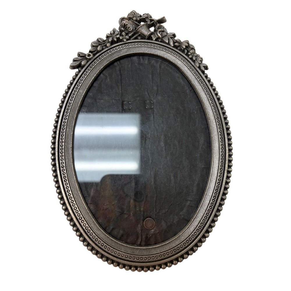 Vintage Oval Pewter Tone Metal Picture Frame Floral Crest Beaded Border 5x7.5